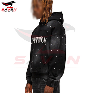 Sudaderas con Capucha Personalizadas de Alta Calidad, con Pedrería, Estampado Puff, Estilo Vintage, Oversize, Negras, con Gráficos, para Hombre - Product Image 2