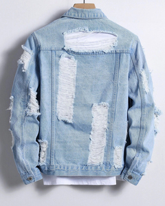 2023 Wholesale Custom Winter <b>Long</b> Denim <b>Jacket</b> for <b>Men's</b> Light Blue Print <b>Jacket</b> Ripped Denim <b>Jacket</b> for <b>Men's</b> - Product Image 2