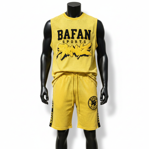 Ensemble de shorts sans manches 100% coton premium pour homme, mélange de coton doux, design jaune et noir, broderie, impression, logo personnalisé - Product Image 1