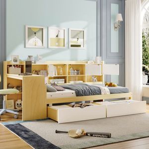 Letto a giorno multifunzionale a L in legno con sette armadietti e due cassetti, letto per bambini con scrivania integrata - Product Image 3