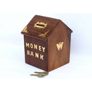 Wooden Money Box With Brass Accents And Key Lock Square Coin Saving Box For Kids And Adults Home Decor Item - Product Image 2