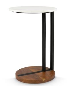 Modern <b>Round</b> Marble Top <b>Side</b> <b>Table</b> With <b>Black</b> Metal Legs And Wood Base Indoor Living Room Decor Accent Piece - Product Image 3