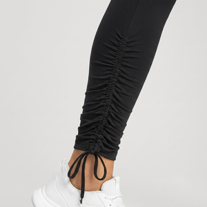 Leggings de sport pour femme taille haute froncés à la cheville, longueur intégrale, noirs unis, extensibles - Product Image 4