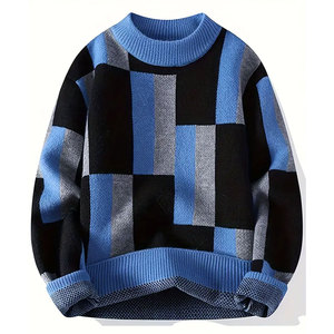 Pull en laine/acrylique respirant pour homme, à manches longues, pour l'hiver, design bicolore noir, gris et blanc - Product Image 4