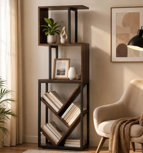 Modern <b>Wooden</b> Etagere Shelf 4-Tier Freestanding Backless <b>Bookcase</b> Midcentury Design Living Room Furniture - Product Image 4