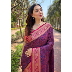 Sari en soie cachemire bleu marine doux tissé Zari Elite Weaves, vêtements indiens et pakistanais - Product Image 2