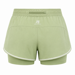 Shorts de course superposés 2-en-1 vert et blanc pour femme avec doublure intégrée, cordon de serrage, séchage rapide, vêtements de sport personnalisés, vente en gros - Product Image 2