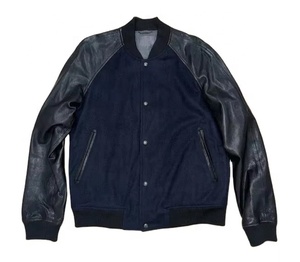 Veste universitaire en cuir noir et laine bleue, style baseball, bomber classique, manches raglan longues, veste universitaire personnalisée en chenille - Product Image 1