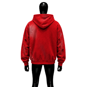 Sweat à capuche zippé rouge vieilli, surdimensionné, déchiré, clouté, effet éclaboussures de peinture, style grunge, streetwear, vintage, punk, à manches régulières - Product Image 2
