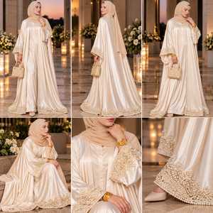 Ensemble de 4 pièces de luxe pour femme : Abaya en satin, robe islamique modeste, ornée de perles et de Zari brodés à la main, coupe ample maxi, col montant, pour la prière - Product Image 2