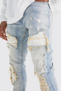 Nuevos Jeans de Mezclilla Elásticos Ajustados de PU con Lavado Azul Antiguo y Estilo Biker para Hombre, con Rasgaduras y Reparaciones, Jeans Blancos Apilados con Efecto Desgastado y Estilo Moderno - Product Image 6