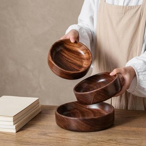 Tazón Apilable de Madera Maciza, Plato Redondo Liso para Ensalada, Bandeja de Servir de Madera Hecha a Mano, Plato Multiusos para Cocina - Product Image 1