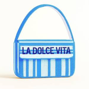 Borsa Rettangolare Ricamata 'La Dolce <span class=keywords><strong>Vita</strong></span>' a Righe Blu e Bianche, Realizzata a Mano con Filo di Cotone - Product Image 1