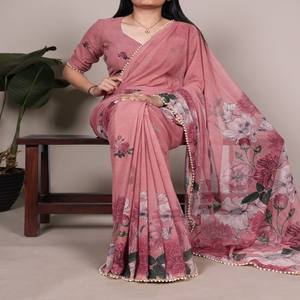 VASTRA COTTAGE Saree Marbal con Estampado Floral y Borde de Encaje de Perlas, Blusa sin Coser, Elegante Traje Étnico para Fiestas para Mujer - Product Image 6