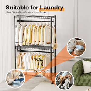 Heavy Duty 3-Tier Adjustable Wire Clothe Rack 2 Rods with Side <b>Hooks</b> Convenient Rolling Storage Closet Closet Organizer - Product Image 6