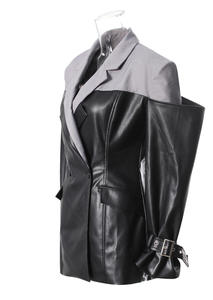 Chaqueta de Cuero Sintético PU con Bloques de Color para Mujer, Estilo Urbano, Chaqueta de Motociclista con Parches, para Otoño/Invierno - Product Image 4