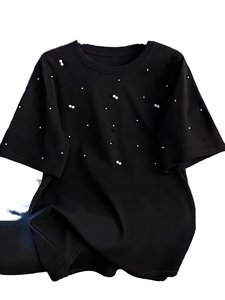 Women's Black Pearl <b>Beaded</b> Short Sleeve T-Shirt Crew Neck Loose Fit Casual Knitted <b>Top</b> All Seasons Wear - Product Image 1