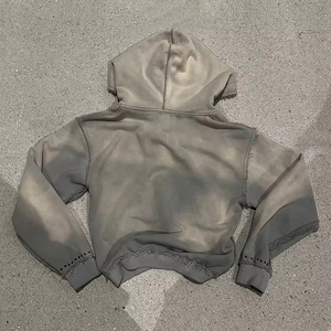 Sudadera con capucha unisex de felpa gruesa con lavado ácido, oversize, doble cremallera, pedrería, efecto desgastado y bordado, estilo nuevo de invierno - Product Image 5