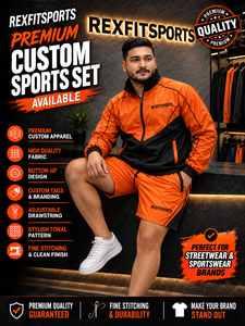 REXFIT SPORTS 2026 Ensemble veste et short en nylon orange et noir pour homme, fermeture éclair intégrale, color block, vêtements de sport, marque privée - Product Image 1