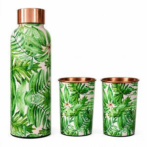 Bouteille d'eau en cuivre à motif de feuilles tropicales classique avec 2 verres, garniture bohème en métal réutilisable pour la maison et le bureau - Product Image 4