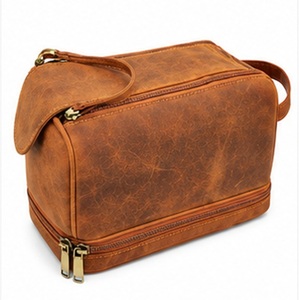 Gravs Premium Genuine Leather Eco-Friendly Waterproof Vintage Soft Handle Large Capacity Travel Dopp Kit Zipper Cosmetic <b>Case</b> - Product Image 3