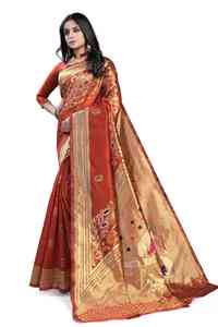 Orange Silk Saree With <b>Gold</b> Zari Border And Floral Motifs For Wedding And Festival Wear Women Traditional Indian Ethnic - Product Image 6