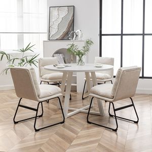 Innes 5-Piece Round <b>Dining</b> Set Stylish Vanilla <b>White</b> Trestle Table with 4 <b>Chairs</b> for <b>Dining</b> Room - Product Image 2