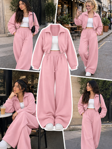Conjunto Deportivo de Dos Piezas para Mujer, Azul Cielo y Rosa, Chaqueta Corta con Cierre, Pantalones Jogger de Cintura Alta y Pierna Ancha, Ropa Casual para Estar en Casa - Product Image 6