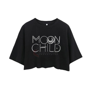 INDEX APPAREL Women's Black Crop <b>Top</b> Crew Neck Short Sleeve Moon Child Print Casual T-Shirt Spring Summer Wear - Product Image 2