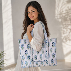 Oversized Large Quilted Weekend Tote <b>Bag</b> - Cotton Block Printed <b>Overnight</b> <b>Bag</b> Grocery Shopping Travel Handmade <b>Bags</b> For Women - Product Image 3