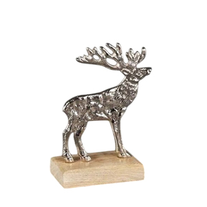 Escultura de Reno de Aluminio Plateado Hecha a Mano con Base de Madera Natural, Figura de Ciervo Metálica Navideña al por Mayor para Decoración de Mesa - Product Image 1