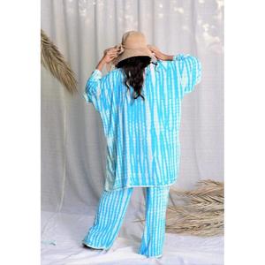 Kimono Elegante para Mujer con Estampado Tie Dye Azul y Blanco, con Frente Abierto, Pantalones Anchos Cómodos con Cintura Elástica, 100% Algodón - Product Image 5