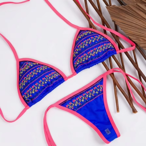 Luxury 220 GSM Soft Nylon Spandex <b>Bikini</b> <b>Set</b> Blue Embroidered Floral Pink Strap Tie Custom Logo Women <b>Bikini</b> <b>Set</b> - Product Image 1