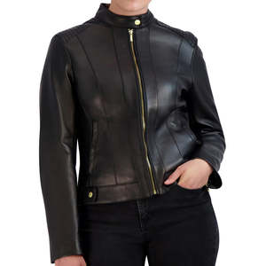 Chaqueta de Cuero Genuino para Mujer, Moda al por Mayor, Cuello Alto, Tejido con Logotipo Frontal, Chaqueta de Cuero de Alta Calidad para Mujer - Product Image 1
