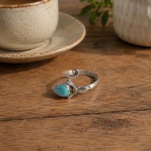 925 Sterling Silver Bezel Set Pear Turquoise Plant Pattern <b>Adjustable</b> <b>Ring</b> Handmade Boho Style Rose Gold Gold Plated Women's - Product Image 6