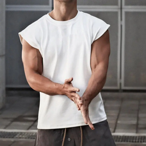 Oversized Cuff Sleeveless Loose <b>Men's</b> Street Cotton T-<b>Shirt</b> Fast Customizable <b>for</b> Gym Sports 100% Woven Cotton Quick Dry - Product Image 1