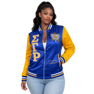 Sigma Gamma Rho Bomber Jacket Women Blue Gold Embroidery Zip Up Varsity Jacket Casual Stylish Fit - Product Image 1