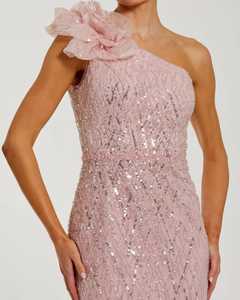 Robe de soirée fourreau rose poudré à une épaule, en satin anti-plis, à motif géométrique, ornée de sequins et d'appliques florales, longueur ras du sol - Product Image 3
