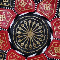 Pouf ottoman rond en cuir véritable marocain noir/rouge, fait à la main, design traditionnel, repose-pieds pour chambre à coucher