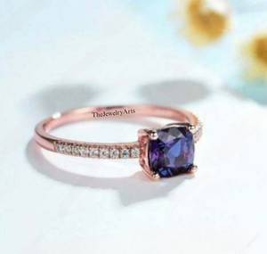 Alexandrite Engagement Ring Rose Gold Vintage <b>Unique</b> Engagement Ring Art Deco Wedding Ring <b>For</b> Women, Cushion Cut Ring <b>for</b> <b>Her</b> - Product Image 1