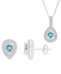 2-Pc. Set di acquamarina (2-1/4 ct. T. w.) & Zaffiro bianco coltivato in laboratorio (1 ct. T. w.) Collana pendente aureola a goccia e orecchini coordinati - Product Image 1