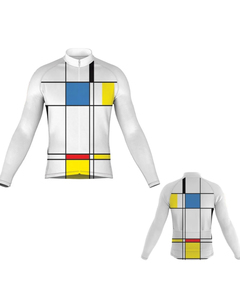 <b>Men's</b> <b>Long</b> <b>Sleeve</b> <b>Cycling</b> <b>Jersey</b> Geometric Print Blue With White Orange Teal Triangles Full Zip Front And Back View - Product Image 2