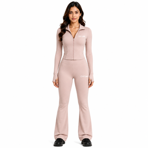 Ladies Nude Fitness Set Fitted <b>Zipper</b> <b>Jacket</b> Wide Leg Yoga Trousers Set High Rise Workout Apparel Private Label 2 Piece Yoga Set - Product Image 1
