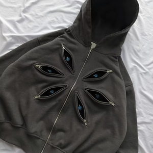 Sweat-shirt à capuche surdimensionné pour homme avec fermeture éclair et motif œil, couleur unie, en coton tricoté, style streetwear - Product Image 2