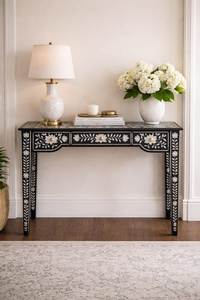 Modern Bone Inlay <b>Console</b> <b>Table</b> With Geometric Pattern And Premium Wooden Base For Elegant Interiors - Product Image 1