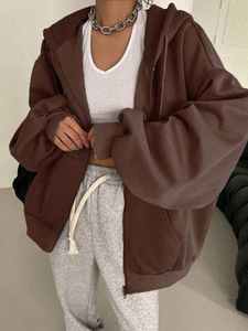 Sudadera con capucha marrón extragrande con cremallera para mujer, de hombros caídos, de forro polar, anti-bolitas, transpirable. - Product Image 4