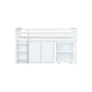 Letto a soppalco singolo in legno di gomma con armadio contenitore e scrivania estraibile, letti per bambini con sponda di sicurezza - Product Image 4