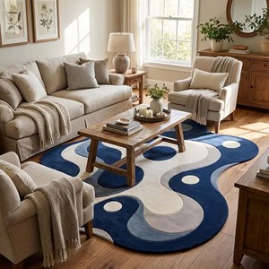 Tapis abstrait bleu et blanc, forme irrégulière, en laine douce, tufté à la main, tapis moderne pour salon, chambre, décoration intérieure unique. - Product Image 4