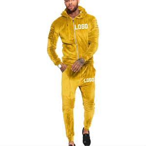Conjunto Deportivo de Terciopelo Amarillo para Hombre, Corte Ajustado, Pantalones Largos, Cierre Frontal con Cremallera, Logotipo Estampado, Ropa Casual de Otoño - Product Image 1