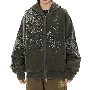 Blouson Streetwear Zippé à Capuche Unisexe Entièrement Orné de Cristaux Étoilés 2026 Noir Blanc Gris Coupe Oversize Boxy Scintillant HD - Product Image 1